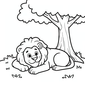 Sư tử ngủ dưới gốc cây – khuôn mặt to lớn, thân thiện
Đường viền đậm dày

Hình dạng lớn, đơn giản
Đen trắng, không đổ bóng

Biểu cảm vui vẻ, vui tươi