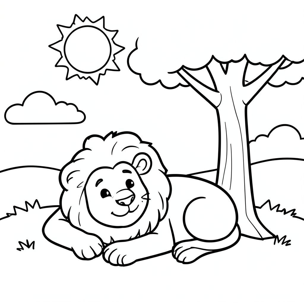 Sư tử ngủ dưới gốc cây – khuôn mặt to, thân thiện Đường viền đậm dày  Hình dạng lớn, đơn giản  Nền tối thiểu (mặt trời, mây, cỏ)  Đen trắng, không đổ bóng  Biểu cảm vui vẻ, vui tươi 8.5×11 INCH