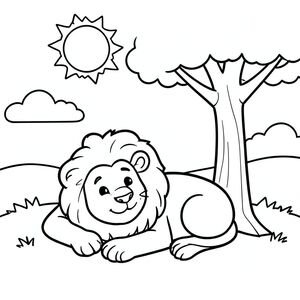 Sư tử ngủ dưới gốc cây – khuôn mặt to, thân thiện Đường viền đậm dày  Hình dạng lớn, đơn giản  Nền tối thiểu (mặt trời, mây, cỏ)  Đen trắng, không đổ bóng  Biểu cảm vui vẻ, vui tươi 8.5×11 INCH