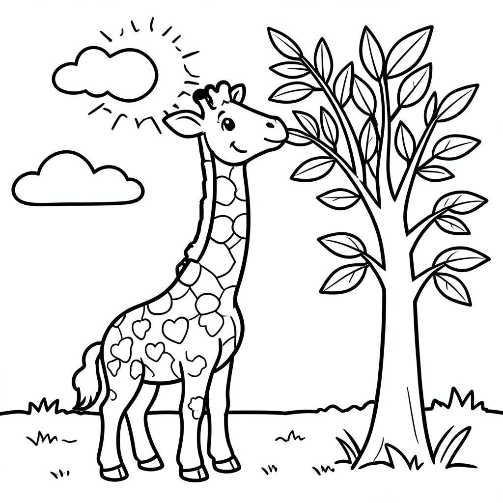 Hươu cao cổ ăn lá cao trên cây – cổ dài, khuôn mặt hạnh phúc
Đường viền đậm dày

Hình dạng lớn, đơn giản

Nền tối thiểu (mặt trời, mây, cỏ)

Đen trắng, không đổ bóng

Biểu cảm vui vẻ, vui tươi