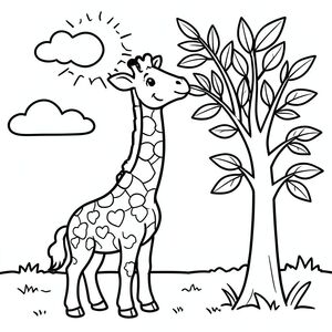 Hươu cao cổ ăn lá cao trên cây – cổ dài, khuôn mặt hạnh phúc
Đường viền đậm dày

Hình dạng lớn, đơn giản

Nền tối thiểu (mặt trời, mây, cỏ)

Đen trắng, không đổ bóng

Biểu cảm vui vẻ, vui tươi