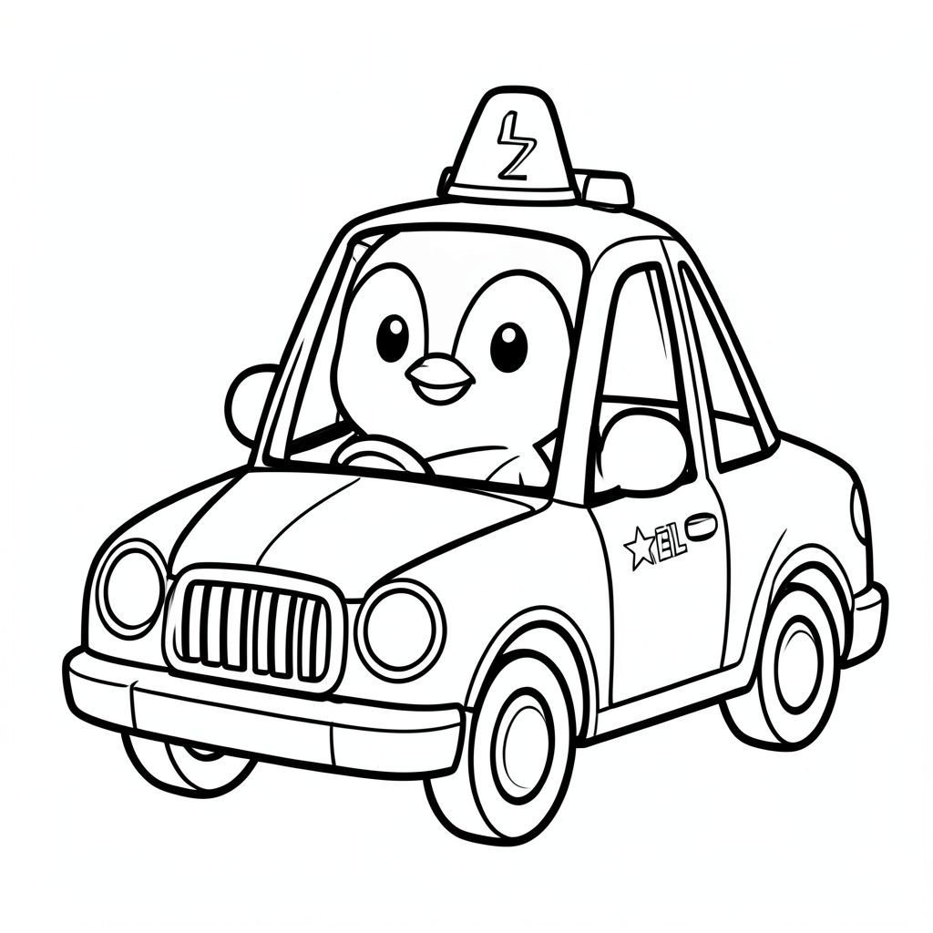 Chim cánh cụt nhỏ lái xe cảnh sát, hình còi báo động đơn giản, đường đậm dày, trắng và đen