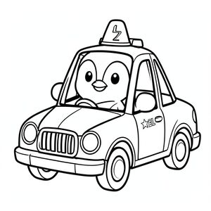 Chim cánh cụt nhỏ lái xe cảnh sát, hình còi báo động đơn giản, đường đậm dày, trắng và đen