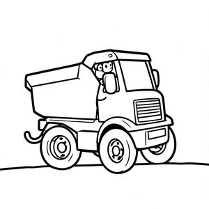 Khỉ tí hon lái xe ben, hình dạng xe tải vuông đơn giản, đường viền đậm dày, Không có màu xám, Trắng và đen, đường mặt đất đơn giản