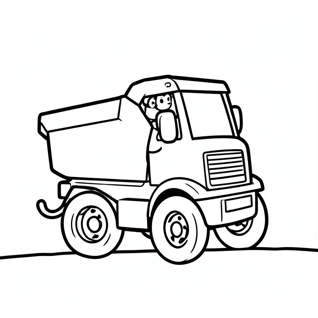 Khỉ tí hon lái xe ben, hình dạng xe tải vuông đơn giản, đường viền đậm dày, Không có màu xám, Trắng và đen, đường mặt đất đơn giản