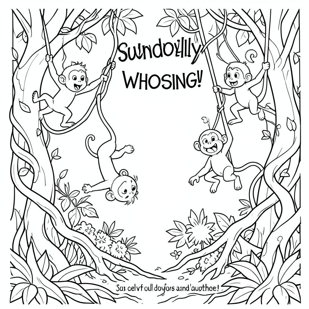 Đột nhiên, dây leo bắt đầu rung chuyển.

Ồ! XÍCH đu!

Một nhóm khỉ ngớ ngẩn đu từ cây này sang cây khác, nói chuyện phiếm và chơi thẻ. Một con khỉ treo ngược và làm một khuôn mặt buồn cười với Leo và Maya.

Khu rừng rậm tràn ngập tiếng ồn ào và tiếng cười.

Bạn sẽ chọn màu gì cho những chú khỉ và những dây leo rừng rậm rạp?