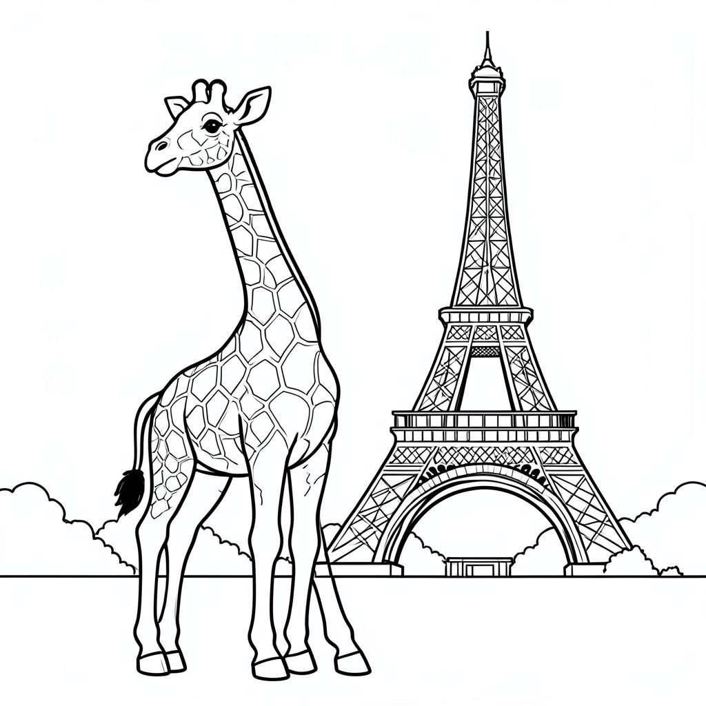 Một con hươu cao cổ đứng trước tháp eiffel