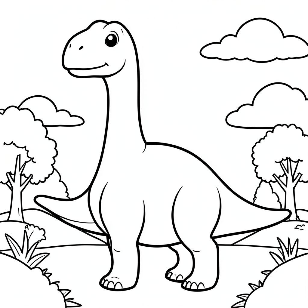 Tranh tô màu khủng long Brachiosaurus dễ thương cho trẻ em, góc nhìn toàn thân, cổ rất dài vươn lên trên, khuôn mặt nhỏ thân thiện, mắt to tròn, thân hình tròn to, đuôi dài, chân trước dài hơn chân sau một chút, nền thời tiền sử đơn giản với một vài cây cối và mây, đường viền sạch sẽ dày đậm, chỉ nghệ thuật đường nét đen trắng, không đổ bóng, không có thang độ xám,  không có màu, nền trắng, trang sách tô màu có thể in được, độ phân giải cao, bố cục chính giữa