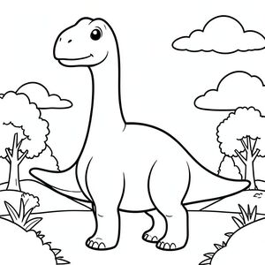 Tranh tô màu khủng long Brachiosaurus dễ thương cho trẻ em, góc nhìn toàn thân, cổ rất dài vươn lên trên, khuôn mặt nhỏ thân thiện, mắt to tròn, thân hình tròn to, đuôi dài, chân trước dài hơn chân sau một chút, nền thời tiền sử đơn giản với một vài cây cối và mây, đường viền sạch sẽ dày đậm, chỉ nghệ thuật đường nét đen trắng, không đổ bóng, không có thang độ xám,  không có màu, nền trắng, trang sách tô màu có thể in được, độ phân giải cao, bố cục chính giữa