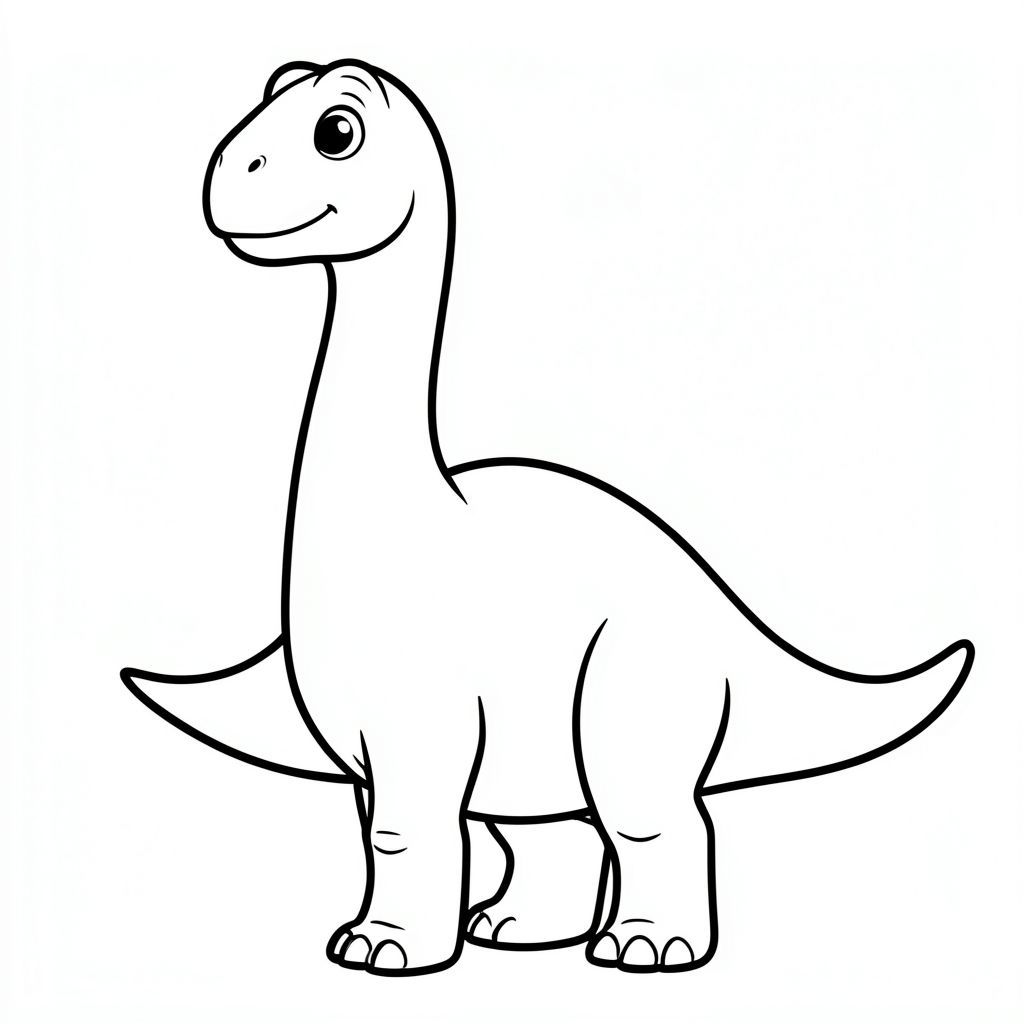 Tranh tô màu khủng long Brachiosaurus dễ thương cho trẻ em, chế độ xem toàn thân, biểu cảm thân thiện, mắt to tròn, nụ cười nhỏ dịu dàng, cổ rất dài vươn lên trên, đầu nhỏ, thân hình tròn lớn, chân trước dài hơn chân sau một chút, đuôi dài, đường viền sạch sẽ dày đậm, chỉ nghệ thuật đường nét đen trắng, không đổ bóng, không thang độ xám, không màu, nền trắng,  trang sách tô màu có thể in được, độ phân giải cao, bố cục ở giữa.