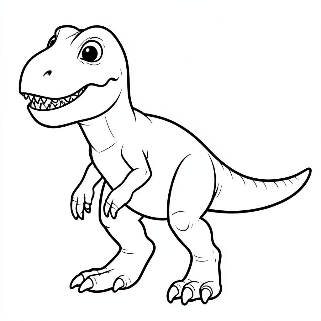 Tranh tô màu khủng long Carcharodontosaurus dễ thương cho trẻ em, chế độ xem toàn thân, biểu cảm thân thiện, mắt to tròn, răng nhỏ sắc nhọn nhưng không đáng sợ, đầu to, cánh tay ba móng vuốt ngắn, chân khỏe, đuôi dài dày, đường viền rõ ràng dày đậm, chỉ nghệ thuật đường nét đen trắng, không đổ bóng, không thang độ xám, không màu, nền trắng, trang sách tô màu có thể in, độ phân giải cao,  thành phần tập trung.