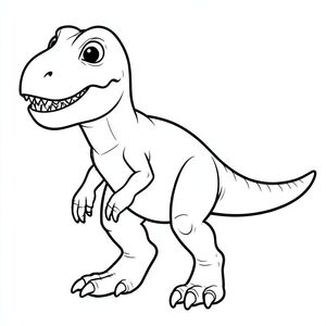 Tranh tô màu khủng long Carcharodontosaurus dễ thương cho trẻ em, chế độ xem toàn thân, biểu cảm thân thiện, mắt to tròn, răng nhỏ sắc nhọn nhưng không đáng sợ, đầu to, cánh tay ba móng vuốt ngắn, chân khỏe, đuôi dài dày, đường viền rõ ràng dày đậm, chỉ nghệ thuật đường nét đen trắng, không đổ bóng, không thang độ xám, không màu, nền trắng, trang sách tô màu có thể in, độ phân giải cao,  thành phần tập trung.