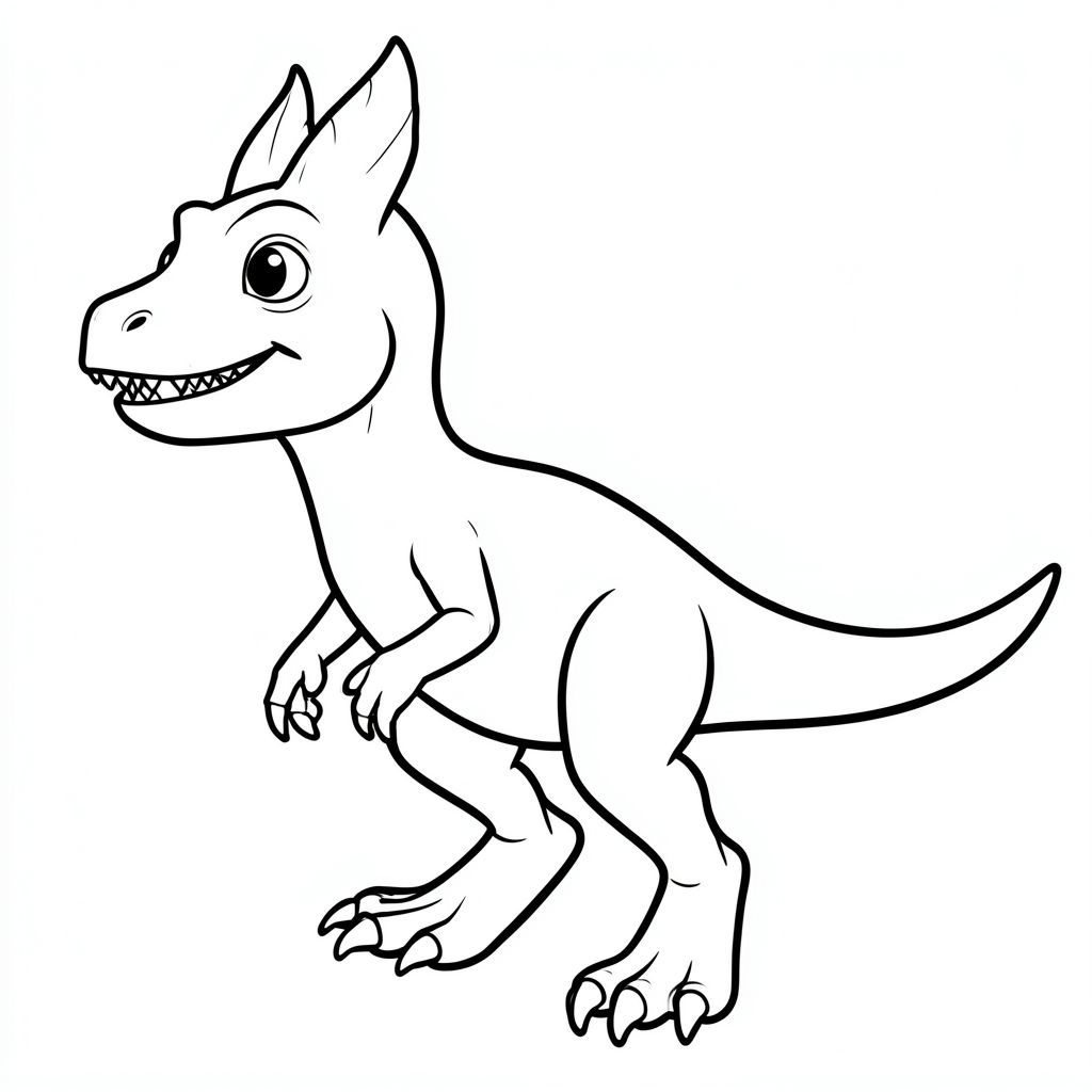 Tranh tô màu khủng long Dilophosaurus dễ thương cho trẻ em, góc nhìn toàn thân, biểu cảm thân thiện, mắt to tròn, răng nhỏ sắc nhọn nhưng không đáng sợ, hai mào mỏng trên đỉnh đầu, thân hình mảnh mai, cánh tay có móng vuốt ngắn, chân khỏe, đuôi dài, đường viền dày đậm sạch sẽ, chỉ nghệ thuật đường nét đen trắng, không đổ bóng, không thang độ xám, không màu, nền trắng,  trang sách tô màu có thể in được, độ phân giải cao, bố cục ở giữa.