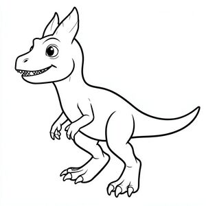 Tranh tô màu khủng long Dilophosaurus dễ thương cho trẻ em, góc nhìn toàn thân, biểu cảm thân thiện, mắt to tròn, răng nhỏ sắc nhọn nhưng không đáng sợ, hai mào mỏng trên đỉnh đầu, thân hình mảnh mai, cánh tay có móng vuốt ngắn, chân khỏe, đuôi dài, đường viền dày đậm sạch sẽ, chỉ nghệ thuật đường nét đen trắng, không đổ bóng, không thang độ xám, không màu, nền trắng,  trang sách tô màu có thể in được, độ phân giải cao, bố cục ở giữa.