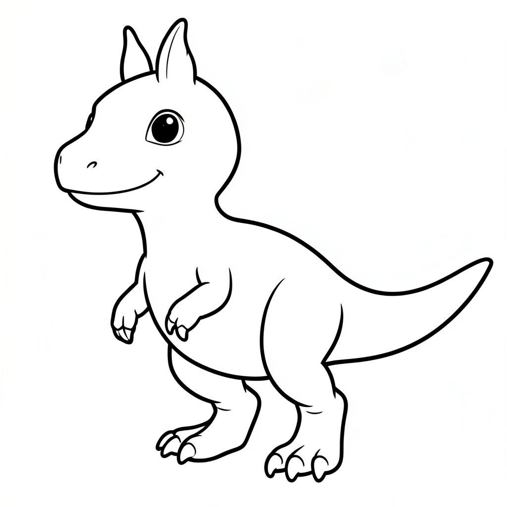 Tranh tô màu khủng long Dilophosaurus dễ thương cho trẻ em, góc nhìn toàn thân, biểu cảm khuôn mặt em bé, đôi mắt to tròn, má mũm mĩm, nụ cười nhỏ dịu dàng, hàm răng nhỏ sắc nhọn nhưng không đáng sợ, hai mào mỏng trên đỉnh đầu, thân hình mảnh mai nhưng tròn trịa, cánh tay móng vuốt ngắn, chân khỏe, đuôi dài, đường viền dày rõ ràng đậm, chỉ nghệ thuật đường nét đen trắng,  Không đổ bóng, không thang độ xám, không màu, nền trắng, trang sách tô màu có thể in được, độ phân giải cao, bố cục căn giữa