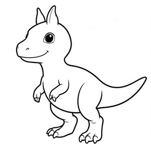 Tranh tô màu khủng long Dilophosaurus dễ thương cho trẻ em, góc nhìn toàn thân, biểu cảm khuôn mặt em bé, đôi mắt to tròn, má mũm mĩm, nụ cười nhỏ dịu dàng, hàm răng nhỏ sắc nhọn nhưng không đáng sợ, hai mào mỏng trên đỉnh đầu, thân hình mảnh mai nhưng tròn trịa, cánh tay móng vuốt ngắn, chân khỏe, đuôi dài, đường viền dày rõ ràng đậm, chỉ nghệ thuật đường nét đen trắng,  Không đổ bóng, không thang độ xám, không màu, nền trắng, trang sách tô màu có thể in được, độ phân giải cao, bố cục căn giữa