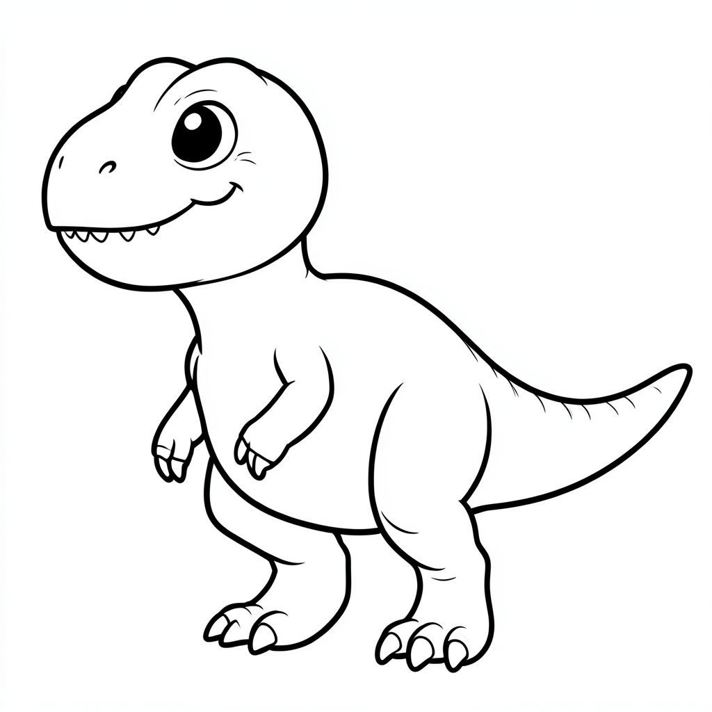 Tranh tô màu khủng long Carcharodontosaurus dễ thương cho trẻ em, chế độ xem toàn thân, biểu cảm khuôn mặt em bé, mắt to tròn, má mũm mĩm, nụ cười nhỏ dịu dàng, răng nhỏ sắc nhọn nhưng không đáng sợ, đầu to, cánh tay ba móng ngắn, chân khỏe, đuôi dài dày, hình dáng cơ thể hơi tròn, đường viền dày rõ ràng đậm, chỉ nghệ thuật đường nét đen trắng, không đổ bóng, không thang độ xám,  không có màu, nền trắng, trang sách tô màu có thể in được, độ phân giải cao, bố cục ở giữa.