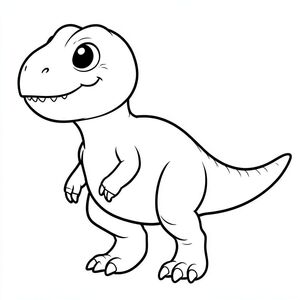 Tranh tô màu khủng long Carcharodontosaurus dễ thương cho trẻ em, chế độ xem toàn thân, biểu cảm khuôn mặt em bé, mắt to tròn, má mũm mĩm, nụ cười nhỏ dịu dàng, răng nhỏ sắc nhọn nhưng không đáng sợ, đầu to, cánh tay ba móng ngắn, chân khỏe, đuôi dài dày, hình dáng cơ thể hơi tròn, đường viền dày rõ ràng đậm, chỉ nghệ thuật đường nét đen trắng, không đổ bóng, không thang độ xám,  không có màu, nền trắng, trang sách tô màu có thể in được, độ phân giải cao, bố cục ở giữa.