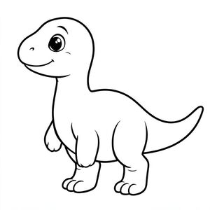 Tranh tô màu khủng long Futalognkosaurus dễ thương cho trẻ em, chế độ xem toàn thân, biểu cảm khuôn mặt em bé, mắt to tròn, má mũm mĩm, nụ cười nhỏ dịu dàng, cổ dài, đầu nhỏ, cơ thể tròn lớn, chân khỏe, đuôi dài, đường viền dày rõ ràng đậm, chỉ nghệ thuật đường đen trắng, không đổ bóng, không thang độ xám, không màu, nền trắng, trang sách tô màu có thể in, độ phân giải cao,  thành phần tập trung.