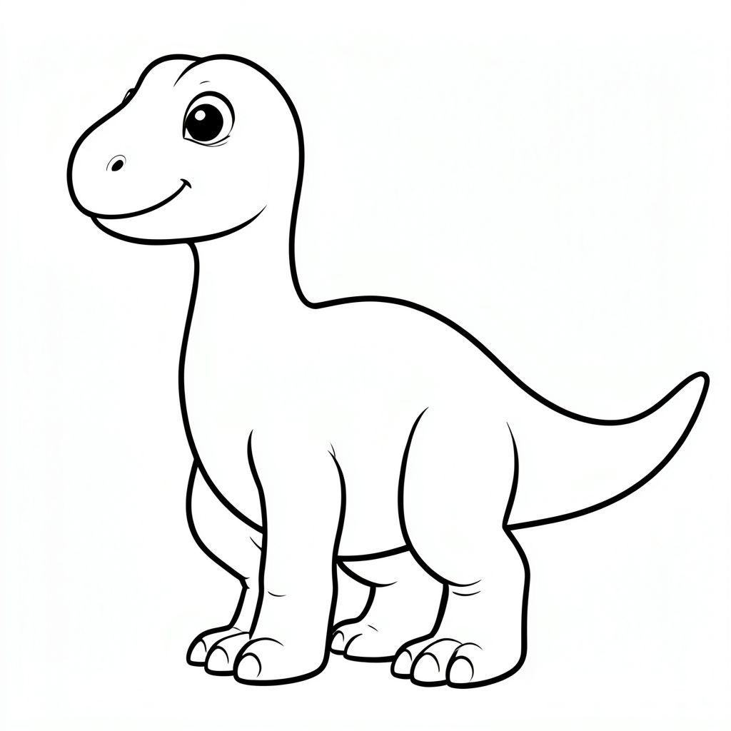 Tranh tô màu khủng long Futalognkosaurus dễ thương cho trẻ em, chế độ xem toàn thân, biểu cảm khuôn mặt em bé, đôi mắt to tròn, má mũm mĩm, nụ cười nhỏ dịu dàng, cổ dày rất dài, đầu thon dài nhỏ, thân hình tròn khổng lồ, chân rất khỏe như cột trụ, đuôi dài dày, đường viền dày đậm sạch sẽ, chỉ nghệ thuật đường nét đen trắng, không đổ bóng, không thang độ xám, không màu, nền trắng, trang sách tô màu có thể in được, độ phân giải cao, bố cục trung tâm.