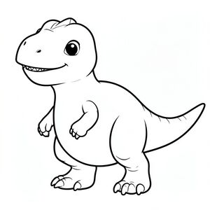 Tranh tô màu khủng long Gojirasaurus dễ thương cho trẻ em, góc nhìn toàn thân, biểu cảm vui tươi, mắt to tròn, má mũm mĩm, nụ cười nhỏ dịu dàng, miệng hơi há hốc như thể hạnh phúc, hàm răng nhỏ sắc nhọn nhưng không đáng sợ, đầu cỡ trung bình, cánh tay ba móng vuốt ngắn, chân khỏe, đuôi dài, thân hơi tròn, đường viền dày rõ ràng đậm, chỉ nghệ thuật đường nét đen trắng, không đổ bóng,  không có thang độ xám, không màu, nền trắng, trang sách tô màu có thể in được, độ phân giải cao, bố cục căn giữa