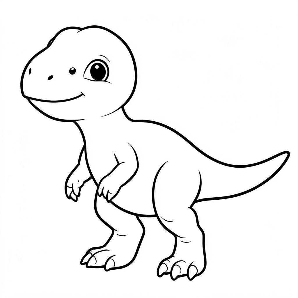 Tranh tô màu khủng long Herrerasaurus dễ thương cho trẻ em, chế độ xem toàn thân, biểu cảm khuôn mặt trẻ em tinh nghịch, đôi mắt to tròn, má mũm mĩm, nụ cười nhỏ dịu dàng, miệng hơi há hốc như thể hạnh phúc, đầu nhỏ, cánh tay ba móng vuốt ngắn, thân hình mảnh mai nhanh nhẹn, đôi chân khỏe mạnh, đuôi dài, đường viền dày rõ ràng, chỉ nghệ thuật đường nét đen trắng, không đổ bóng, không thang độ xám, không màu,  nền trắng, trang sách tô màu có thể in được, độ phân giải cao, bố cục ở giữa.