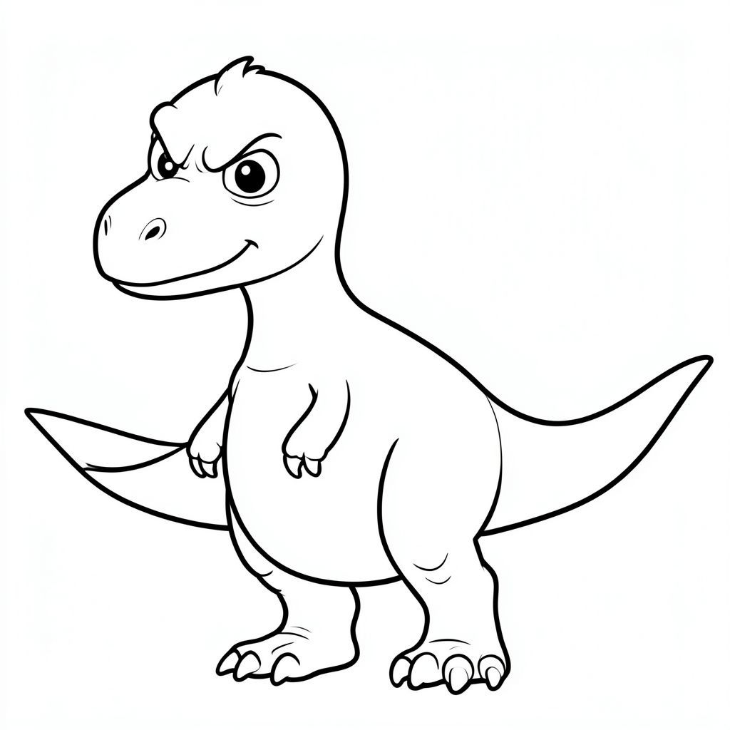Tranh tô màu khủng long Irritator dễ thương cho trẻ em, góc nhìn toàn thân, biểu cảm khuôn mặt trẻ con khó chịu, đôi mắt to tròn với lông mày hơi nhăn, miệng nhỏ bĩu môi, má mũm mĩm, mõm hẹp dài, thân hình mảnh mai, cánh tay móng vuốt ngắn, chân khỏe, đuôi dài, thân hơi tròn, đường viền dày rõ ràng đậm, chỉ nghệ thuật đường nét đen trắng, không đổ bóng, không thang độ xám, không màu,  nền trắng, trang sách tô màu có thể in được, độ phân giải cao, bố cục ở giữa.