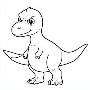 Tranh tô màu khủng long Irritator dễ thương cho trẻ em, góc nhìn toàn thân, biểu cảm khuôn mặt trẻ con khó chịu, đôi mắt to tròn với lông mày hơi nhăn, miệng nhỏ bĩu môi, má mũm mĩm, mõm hẹp dài, thân hình mảnh mai, cánh tay móng vuốt ngắn, chân khỏe, đuôi dài, thân hơi tròn, đường viền dày rõ ràng đậm, chỉ nghệ thuật đường nét đen trắng, không đổ bóng, không thang độ xám, không màu,  nền trắng, trang sách tô màu có thể in được, độ phân giải cao, bố cục ở giữa.