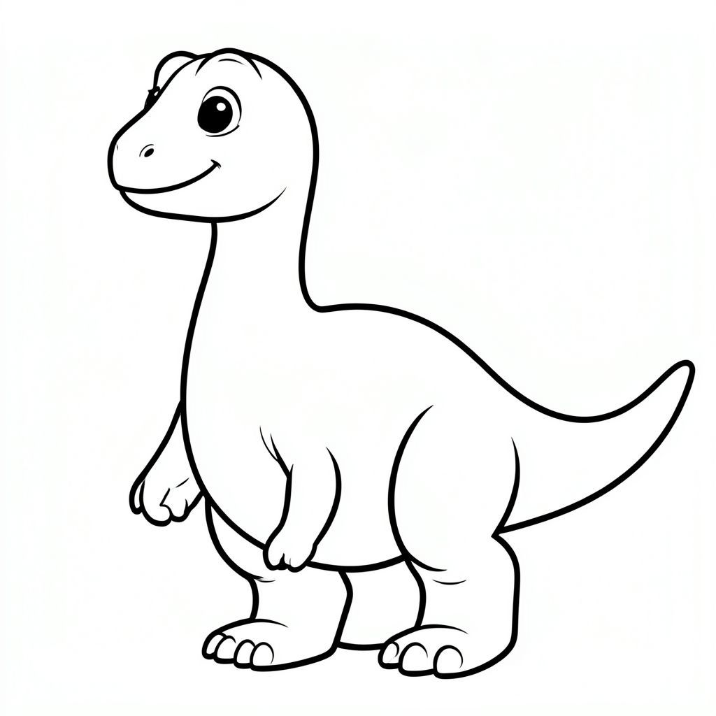 Tranh tô màu khủng long Jobaria dễ thương cho trẻ em, góc nhìn toàn thân, biểu cảm khuôn mặt trẻ sơ sinh nhẹ nhàng, đôi mắt to tròn, má mũm mĩm, nụ cười nhỏ dịu dàng, phong thái điềm tĩnh và thân thiện, cổ rất dài, đầu nhỏ, thân hình tròn khổng lồ, chân dày giống như cột trụ, đuôi dài, đường viền dày sạch sẽ, chỉ nghệ thuật đường nét đen trắng, không đổ bóng, không thang độ xám, không màu, nền trắng,  trang sách tô màu có thể in được, độ phân giải cao, bố cục ở giữa.