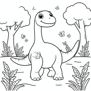 Tạo một Futalognkosaurus dễ thương, theo phong cách hoạt hình cho một bức tranh tô màu dành cho trẻ em. Làm cho nó trông thân thiện với đôi mắt to, tròn và nụ cười dịu dàng. Giữ cho cổ dài, chân giống như cột trụ và đầu nhỏ của nó chính xác theo tỷ lệ nhưng mềm mại và tròn trịa cho phong cách thân thiện với trẻ em. Cho thấy nó đứng trong một vùng ngập lụt thời tiền sử với những cây hoạt hình đơn giản và dương xỉ ở hậu cảnh. Chỉ nghệ thuật đường nét, không có màu sắc, đường viền rõ ràng để tô màu. Thêm các chi tiết vui tươi như những con bướm nhỏ hoặc chim xung quanh. Làm cho tư thế hấp dẫn và dễ dàng cho trẻ em tô màu