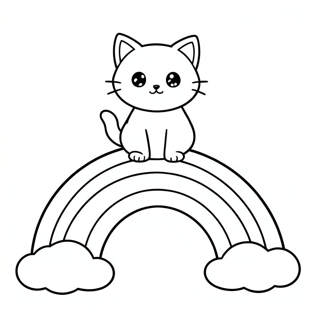 Một chú mèo dễ thương ngồi trên cầu vồng, phong cách anime
