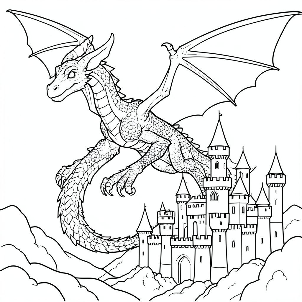 Một con rồng hùng vĩ bay qua một lâu đài thời trung cổ, rất chi tiết