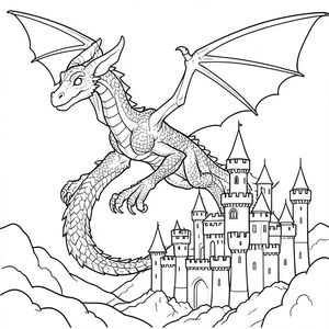 Một con rồng hùng vĩ bay qua một lâu đài thời trung cổ, rất chi tiết