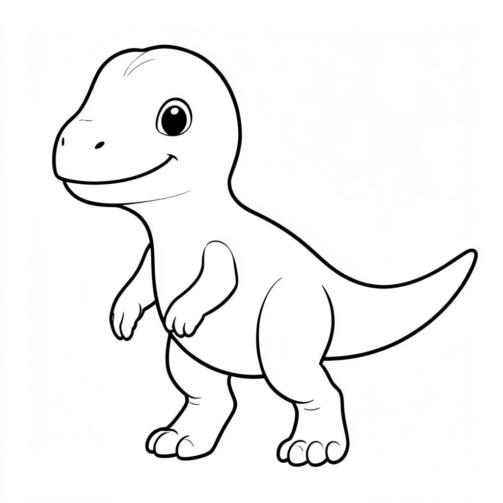 Vẽ một chiếc Raptorex dễ thương, theo phong cách hoạt hình cho một bức tranh tô màu dành cho trẻ em. Làm cho nó trông thân thiện với đôi mắt to, tròn và nụ cười dịu dàng. Thể hiện thân hình nhỏ bé, nhanh nhẹn, đầu to với hàm răng nhỏ (không đáng sợ), cánh tay hai ngón ngắn, chân sau khỏe và một cái đuôi dài. Giữ tỷ lệ gần với khủng long thật nhưng mềm mại và tròn trịa cho trẻ em. Chỉ nghệ thuật đường nét, không màu, không nền, đường viền rõ ràng để dễ dàng tô màu. Tư thế nên đứng hoặc đi, vui tươi và đơn giản để tô màu.