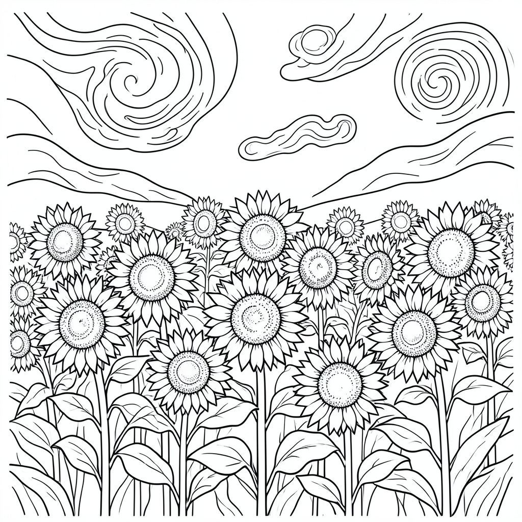 Cánh đồng hoa hướng dương tuyệt đẹp dưới bầu trời xanh, phong cách van gogh