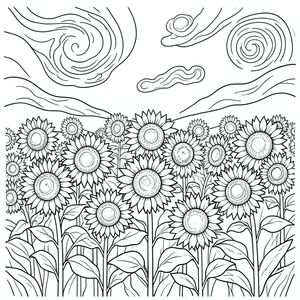 Cánh đồng hoa hướng dương tuyệt đẹp dưới bầu trời xanh, phong cách van gogh