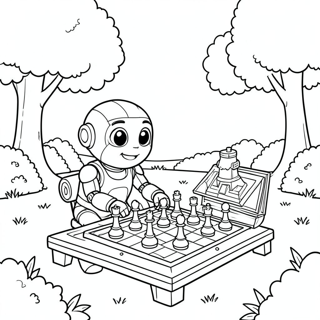 Một người máy dễ thương chơi cờ trong công viên, theo phong cách pixar