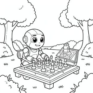 Một người máy dễ thương chơi cờ trong công viên, theo phong cách pixar