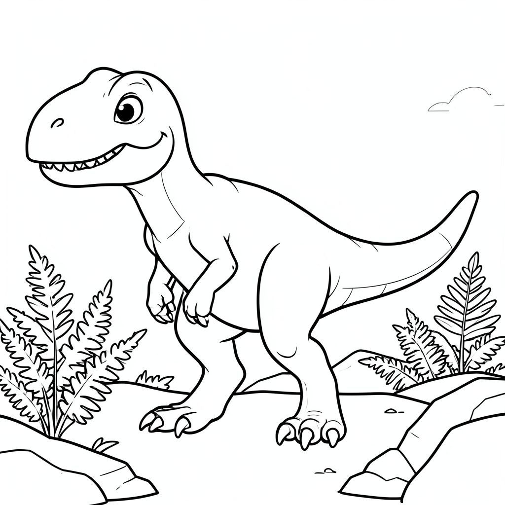 Một con khủng long Raptorex thân thiện, chính xác về mặt lịch sử, theo phong cách hoạt hình vui nhộn phù hợp với sách tô màu của trẻ em. Chỉ nghệ thuật đường nét, không tô màu. Nhấn mạnh các đường viền rõ ràng để dễ dàng tô màu. Thể hiện Raptorex với giải phẫu chính xác dựa trên cổ sinh vật học — thân nhỏ, đuôi dài, hộp sọ lớn, cánh tay ngắn có móng vuốt. Bao gồm một nền thời tiền sử đơn giản như dương xỉ và đá, nhưng giữ nó tối giản để trẻ em có thể tô màu dễ dàng. Tỷ lệ dễ thương nhưng chân thực, tư thế vui tươi