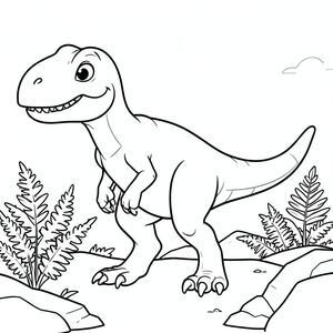 Một con khủng long Raptorex thân thiện, chính xác về mặt lịch sử, theo phong cách hoạt hình vui nhộn phù hợp với sách tô màu của trẻ em. Chỉ nghệ thuật đường nét, không tô màu. Nhấn mạnh các đường viền rõ ràng để dễ dàng tô màu. Thể hiện Raptorex với giải phẫu chính xác dựa trên cổ sinh vật học — thân nhỏ, đuôi dài, hộp sọ lớn, cánh tay ngắn có móng vuốt. Bao gồm một nền thời tiền sử đơn giản như dương xỉ và đá, nhưng giữ nó tối giản để trẻ em có thể tô màu dễ dàng. Tỷ lệ dễ thương nhưng chân thực, tư thế vui tươi