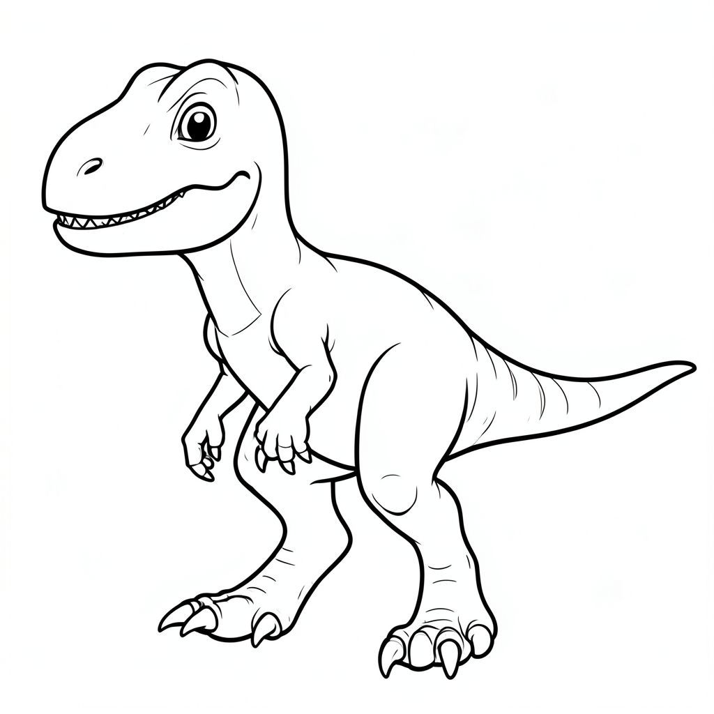 Một con khủng long Raptorex thân thiện, chính xác về mặt lịch sử, theo phong cách hoạt hình vui nhộn phù hợp với sách tô màu của trẻ em. Chỉ nghệ thuật đường nét, không tô màu. Nhấn mạnh các đường viền rõ ràng để dễ dàng tô màu. Thể hiện Raptorex với giải phẫu chính xác dựa trên cổ sinh vật học — thân nhỏ, đuôi dài, hộp sọ lớn, cánh tay ngắn với nền claws.no. Tỷ lệ dễ thương nhưng chân thực, tư thế vui tươi