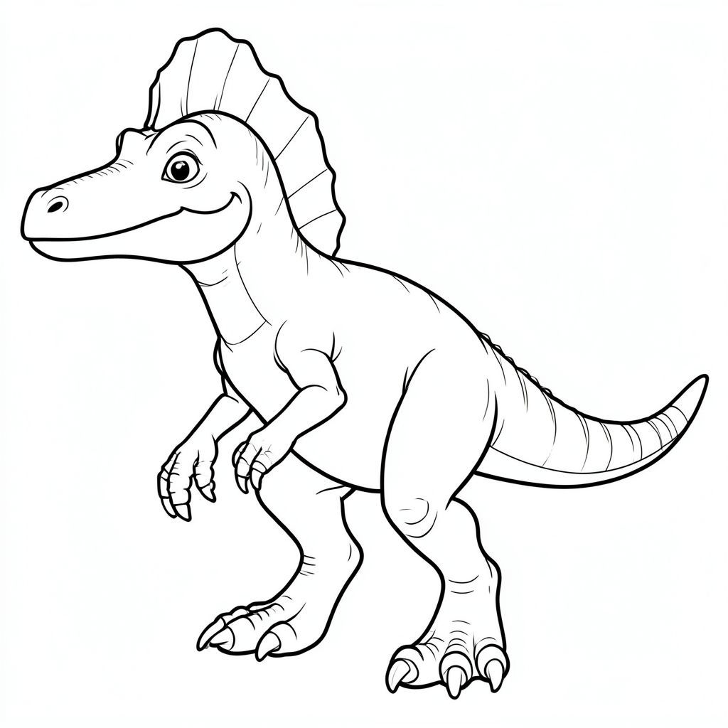 Một Spinosaurus chính xác về mặt lịch sử theo phong cách nghệ thuật đường nét cho một cuốn sách tô màu dành cho trẻ em. Thể hiện giải phẫu chính xác: mõm dài hẹp, buồm trên lưng, móng vuốt lớn và đuôi cơ bắp. Biểu cảm thân thiện, không đáng sợ, đứng trong tư thế vui tươi. Chỉ nghệ thuật đường nét, không tô màu, không có nền, phác thảo đơn giản để trẻ em dễ dàng tô màu.