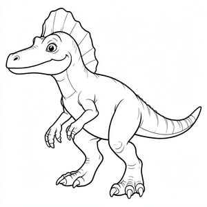 Một Spinosaurus chính xác về mặt lịch sử theo phong cách nghệ thuật đường nét cho một cuốn sách tô màu dành cho trẻ em. Thể hiện giải phẫu chính xác: mõm dài hẹp, buồm trên lưng, móng vuốt lớn và đuôi cơ bắp. Biểu cảm thân thiện, không đáng sợ, đứng trong tư thế vui tươi. Chỉ nghệ thuật đường nét, không tô màu, không có nền, phác thảo đơn giản để trẻ em dễ dàng tô màu.