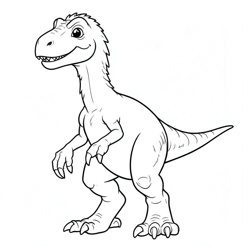 ]Một Therizinosaurus chính xác về mặt lịch sử theo phong cách nghệ thuật đường nét cho một cuốn sách tô màu dành cho trẻ em. Thể hiện giải phẫu chính xác: cổ dài, móng vuốt cong lớn, thân hình có lông vũ và đôi chân chắc chắn. Biểu cảm thân thiện, không đáng sợ, đứng trong tư thế vui tươi. Chỉ nghệ thuật đường nét, không tô màu, không nền, phác thảo đơn giản phù hợp để trẻ dễ tô màu