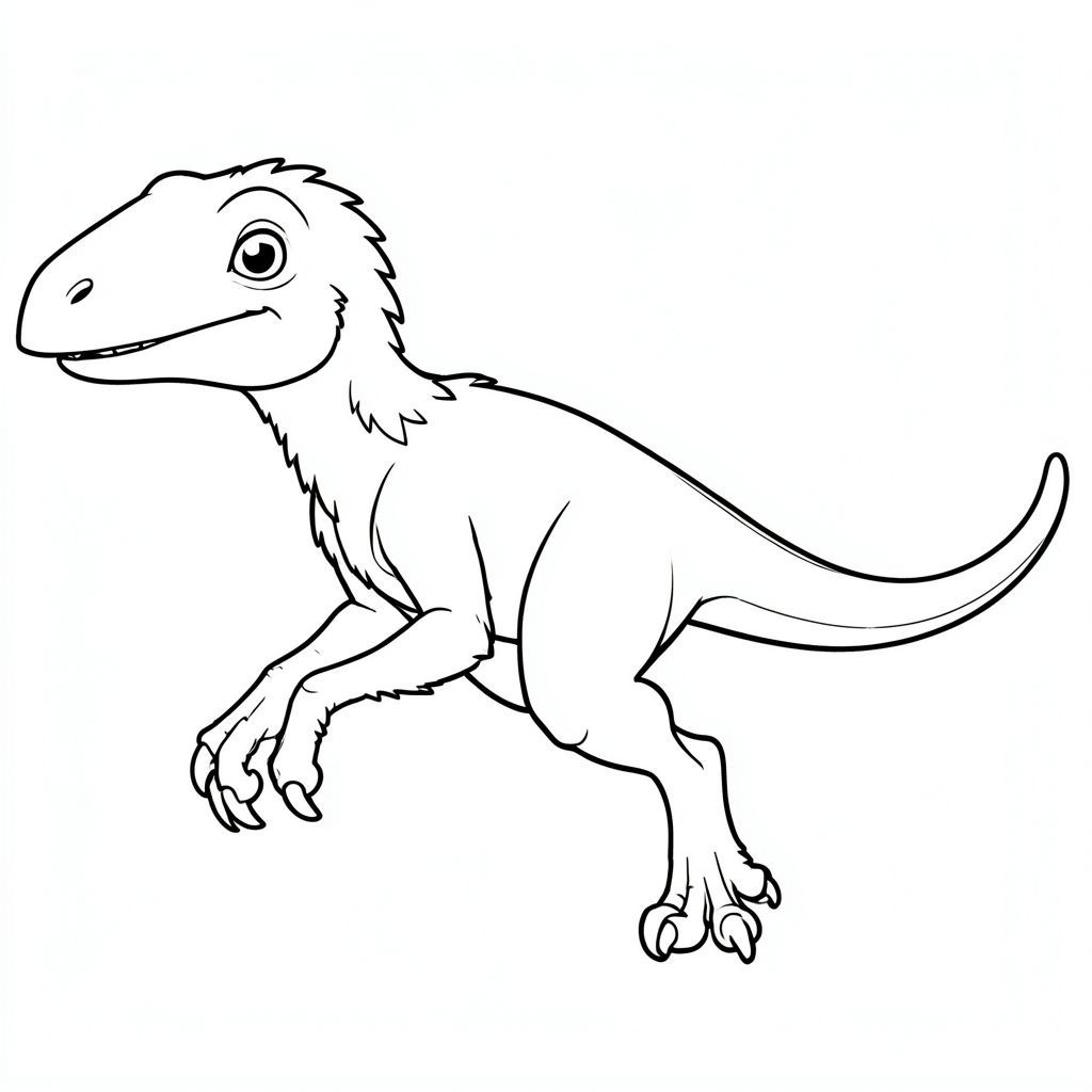 Một Utahraptor chính xác về mặt lịch sử theo phong cách nghệ thuật đường nét cho một cuốn sách tô màu dành cho trẻ em. Thể hiện giải phẫu chính xác: móng vuốt hình liềm lớn trên mỗi bàn chân, thân có lông, đuôi dài và tư thế nhanh nhẹn. Biểu cảm thân thiện, không đáng sợ, trong tư thế vui tươi hoặc chạy. Chỉ nghệ thuật đường nét, không tô màu, không nền, đường viền đơn giản phù hợp để trẻ em dễ dàng tô màu.