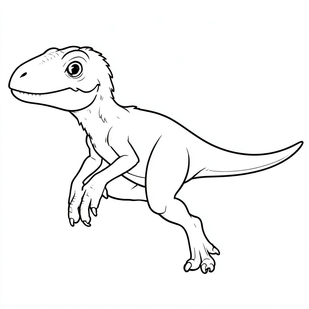 Một Velociraptor chính xác về mặt lịch sử theo phong cách nghệ thuật đường nét cho một cuốn sách tô màu dành cho trẻ em. Thể hiện giải phẫu chính xác: cơ thể nhỏ có lông, đuôi dài, móng vuốt hình liềm trên mỗi bàn chân và cánh tay giống chim. Biểu cảm thân thiện, không đáng sợ, trong tư thế vui tươi hoặc chạy. Chỉ nghệ thuật đường nét, không tô màu, không nền, đường viền đơn giản phù hợp để trẻ em dễ dàng tô màu.