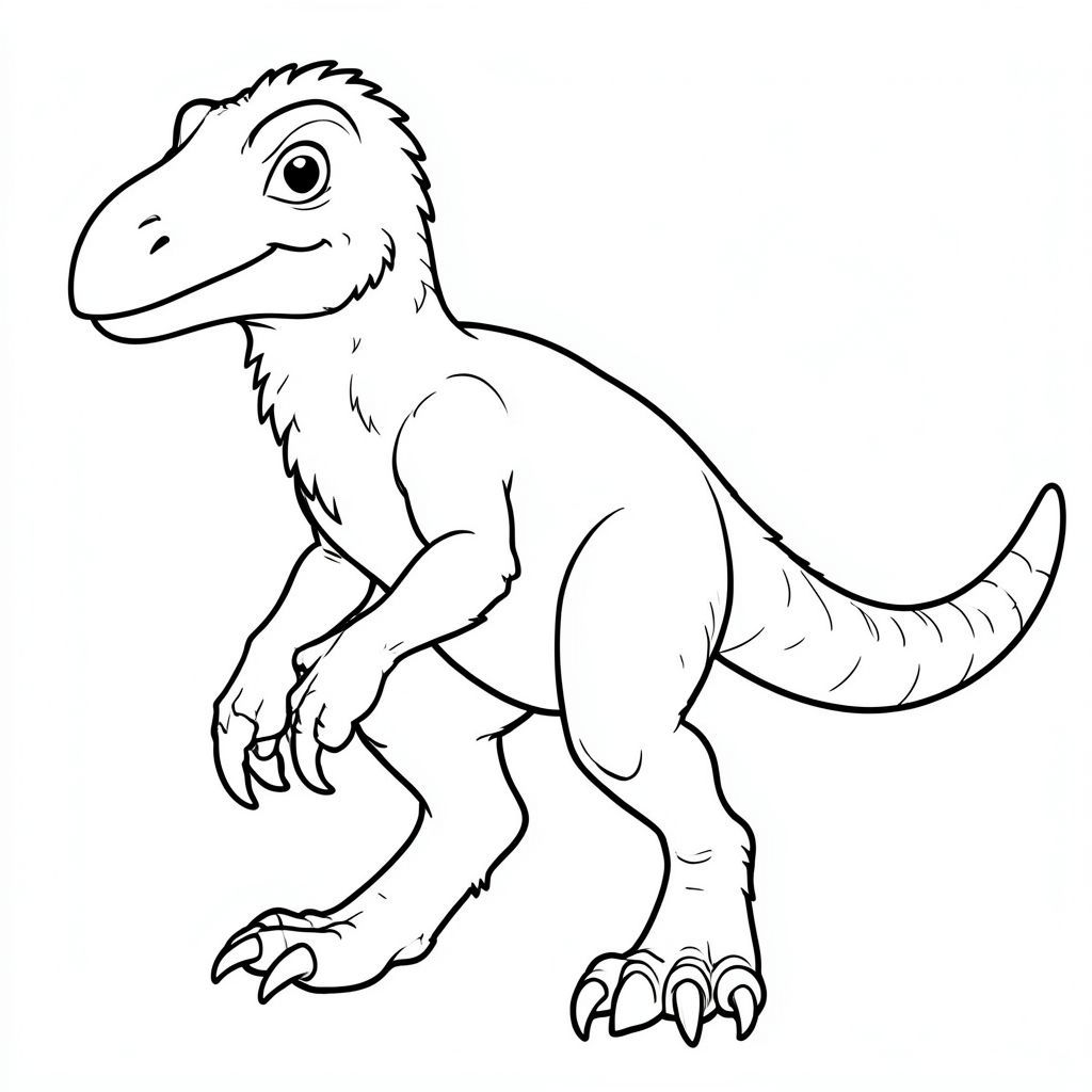 Một Utahraptor chính xác về mặt lịch sử theo phong cách nghệ thuật đường nét cho một cuốn sách tô màu dành cho trẻ em. Thể hiện thân hình to lớn, vạm vỡ, đôi chân khỏe mạnh và móng vuốt hình liềm khổng lồ. Có lông vũ nhưng mạnh mẽ, với đuôi dài để giữ thăng bằng. Biểu cảm thân thiện, không đáng sợ, đứng hoặc đi trong tư thế vui tươi. Chỉ nghệ thuật đường nét, không tô màu, không có nền, đường viền đậm đơn giản phù hợp để trẻ em dễ dàng tô màu
