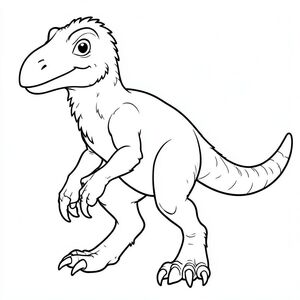 Một Utahraptor chính xác về mặt lịch sử theo phong cách nghệ thuật đường nét cho một cuốn sách tô màu dành cho trẻ em. Thể hiện thân hình to lớn, vạm vỡ, đôi chân khỏe mạnh và móng vuốt hình liềm khổng lồ. Có lông vũ nhưng mạnh mẽ, với đuôi dài để giữ thăng bằng. Biểu cảm thân thiện, không đáng sợ, đứng hoặc đi trong tư thế vui tươi. Chỉ nghệ thuật đường nét, không tô màu, không có nền, đường viền đậm đơn giản phù hợp để trẻ em dễ dàng tô màu
