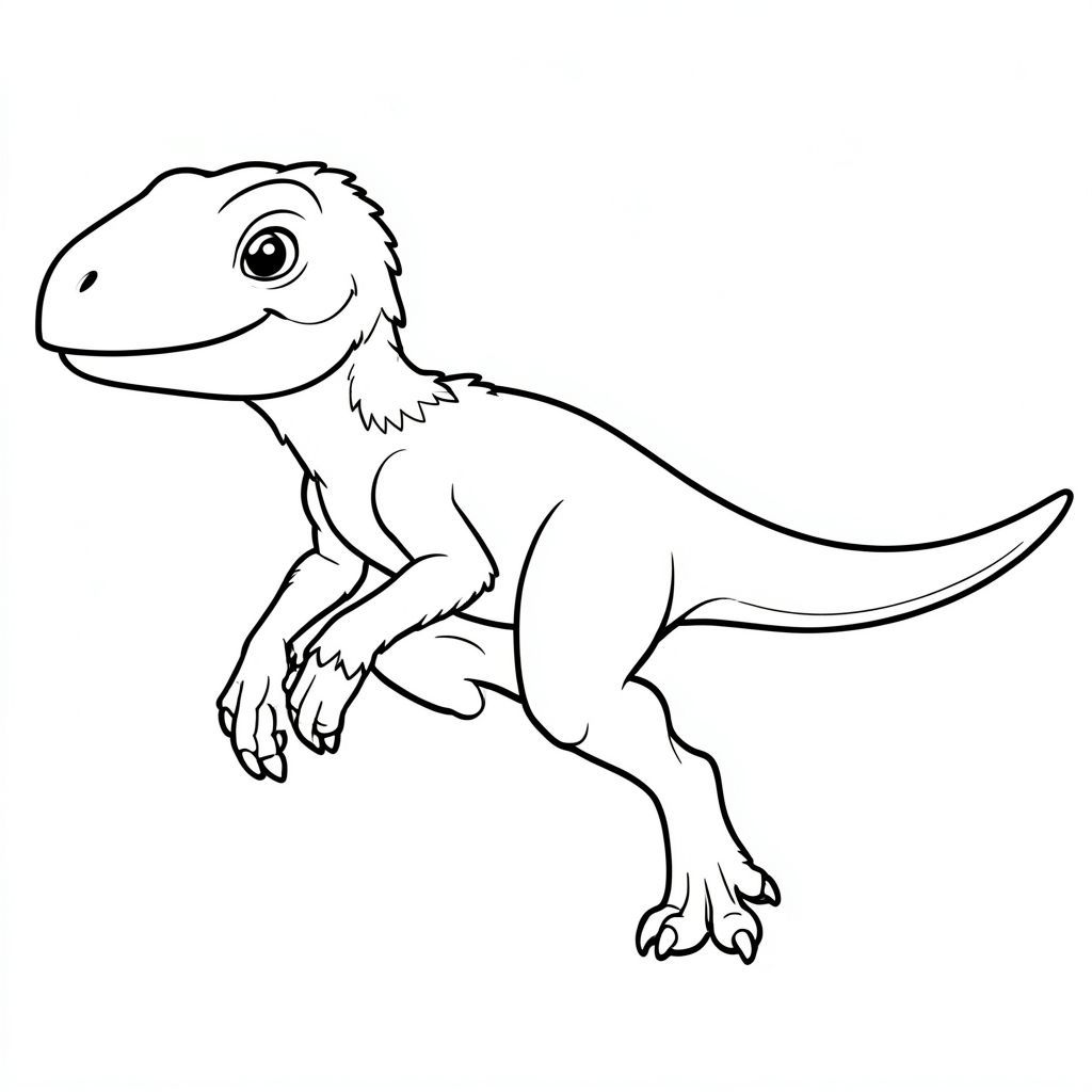 Một Velociraptor chính xác về mặt lịch sử theo phong cách nghệ thuật đường nét cho một cuốn sách tô màu dành cho trẻ em. Thể hiện một thân hình nhỏ, mảnh mai và nhanh nhẹn, với cánh tay và đuôi có lông đầy đủ, và một móng vuốt nhỏ hình liềm trên mỗi bàn chân. Biểu cảm thân thiện, không đáng sợ, trong tư thế chạy hoặc vui tươi. Chỉ nghệ thuật đường nét, không tô màu, không có nền, đường viền đậm đơn giản phù hợp để trẻ em dễ dàng tô màu