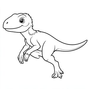 Một Velociraptor chính xác về mặt lịch sử theo phong cách nghệ thuật đường nét cho một cuốn sách tô màu dành cho trẻ em. Thể hiện một thân hình nhỏ, mảnh mai và nhanh nhẹn, với cánh tay và đuôi có lông đầy đủ, và một móng vuốt nhỏ hình liềm trên mỗi bàn chân. Biểu cảm thân thiện, không đáng sợ, trong tư thế chạy hoặc vui tươi. Chỉ nghệ thuật đường nét, không tô màu, không có nền, đường viền đậm đơn giản phù hợp để trẻ em dễ dàng tô màu